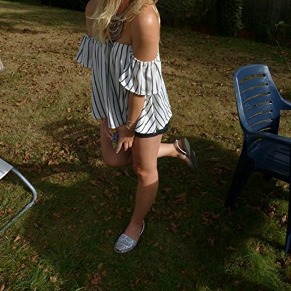 MOLLY Black & White Ruffle Off Shoulder  Blouse - Picture 3 of 4